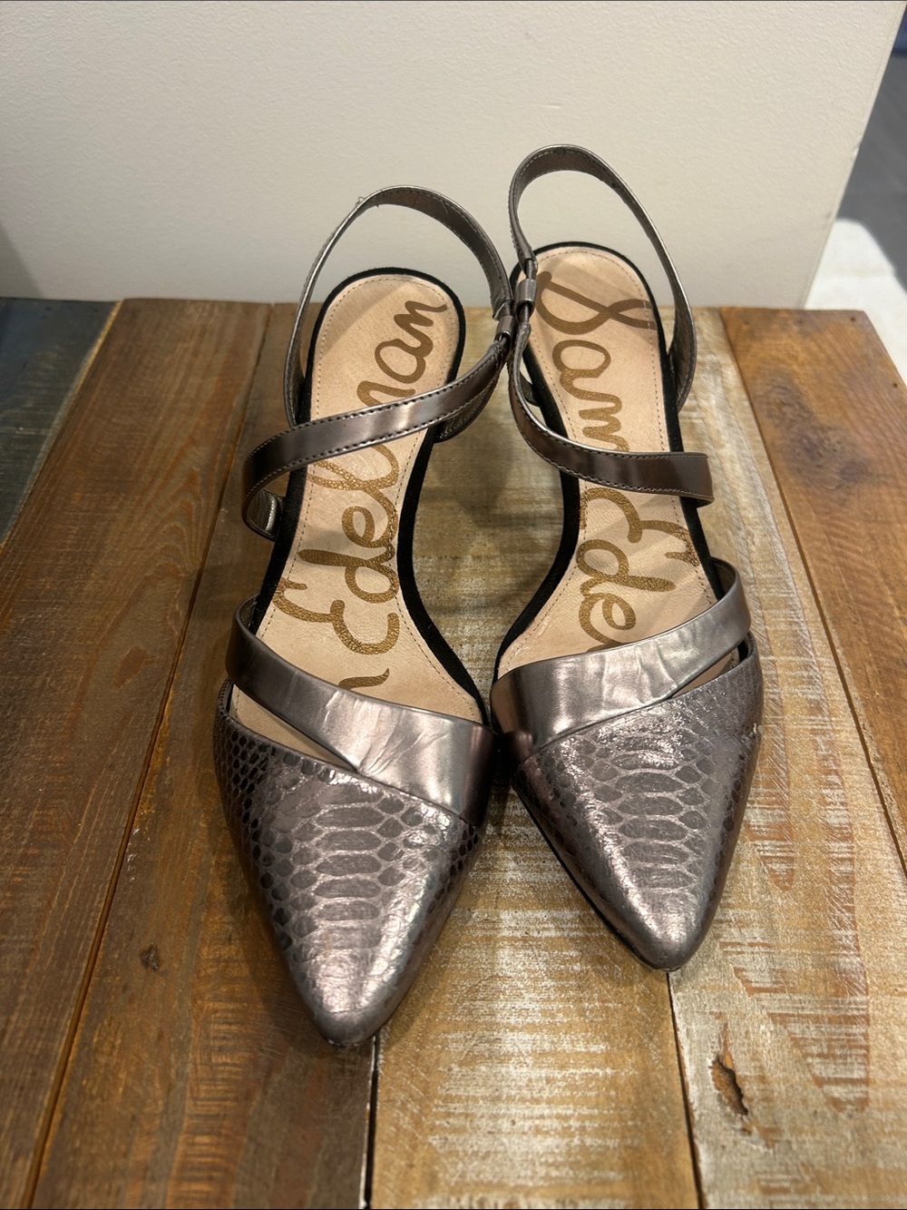 Sam Edelman Metallic Pewter Pointed Toe Slingback Flats with Snake Texture